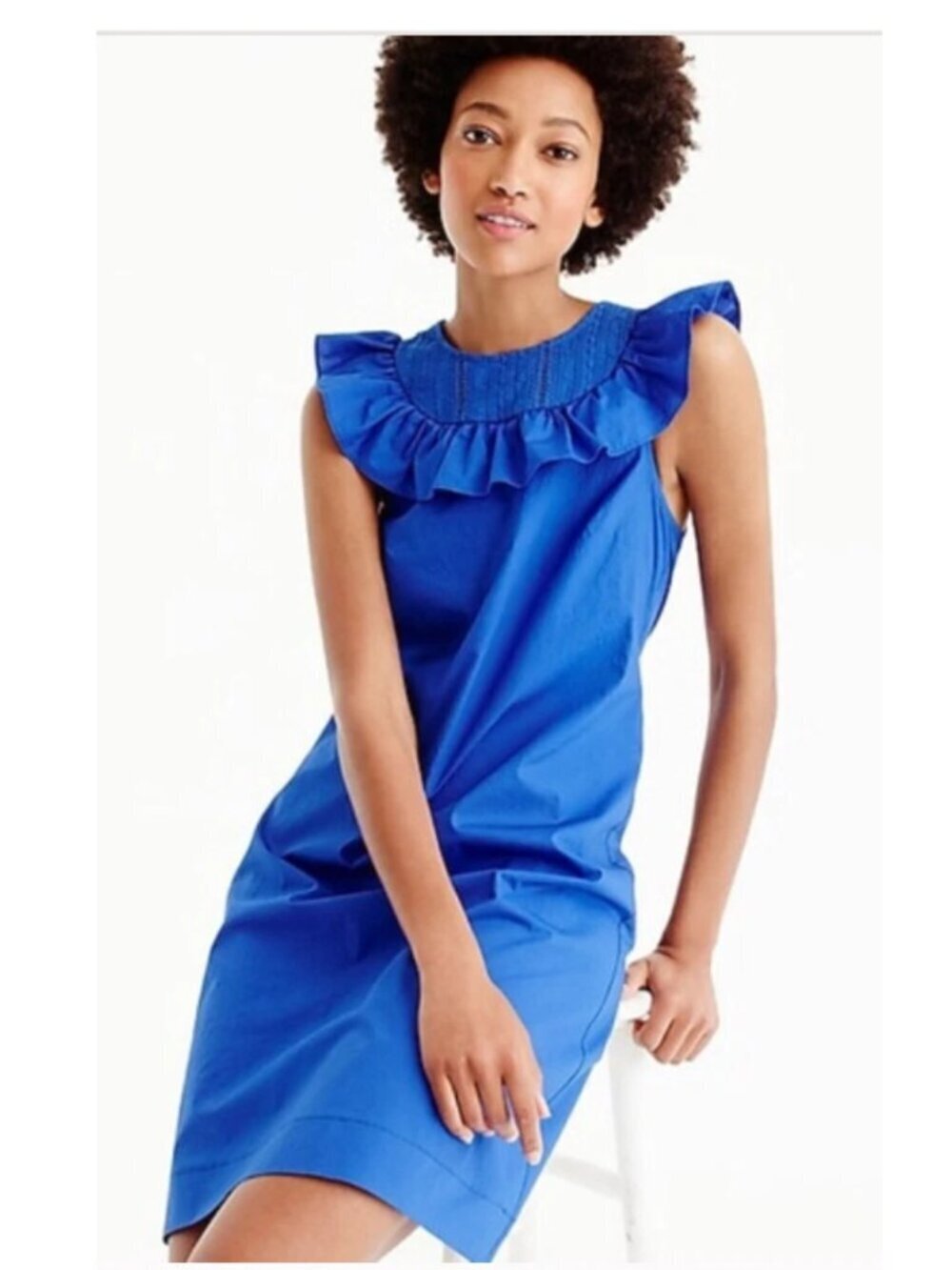 J.Crew Blue Ruffle Neck Shift Dress Size 2 Classic Preppy Career Chic - Picture 3 of 9